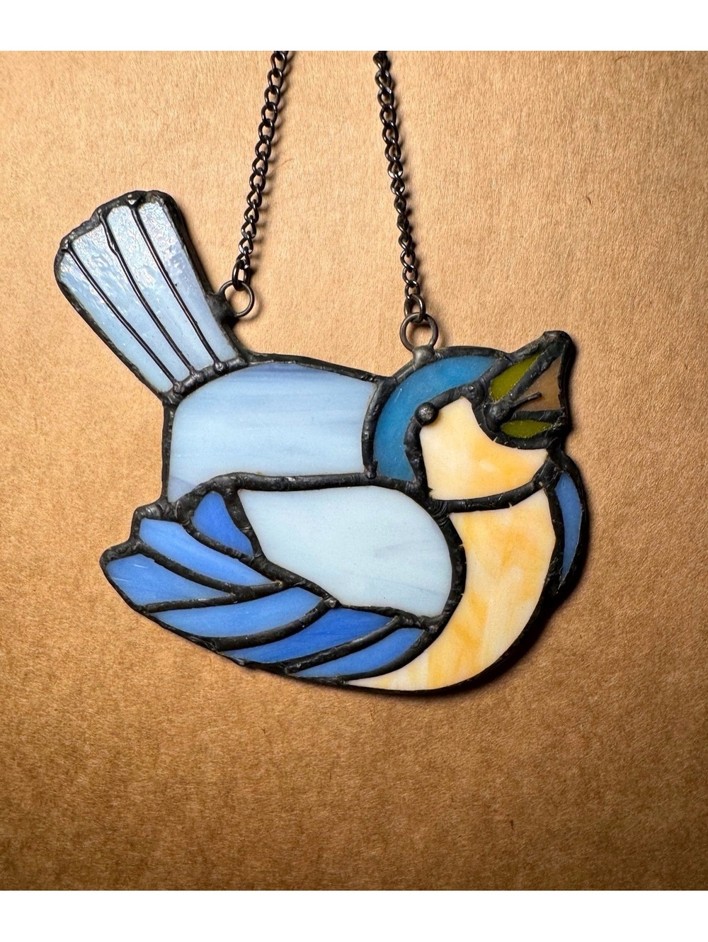 Vintage handcrafted Stained Glass Blue Bird Suncatcher with Hanging Chain